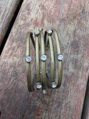 Vintage Brass-Tone Open Cuff Bracelet With Clear Rhinestones Adjustable Fit Stat